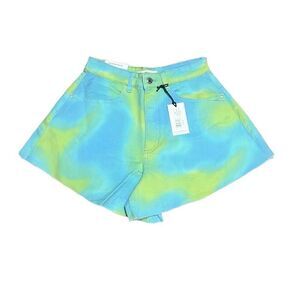 Weworewhat Womens 26 Flare Bell Denim Shorts Blue Green Tie Dye Stretch NWT